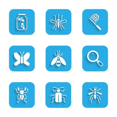 Set Bee, Chafer Beetle, Sivrisinek, Büyüteç, Böcek geyiği, Kelebek, ağ ve Ateşböcekleri kavanozu ikonu. Vektör
