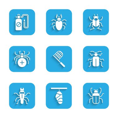 Kelebek ağı, koza, Kokuşmuş böcek, Böcek, Termit, Örümcek, Böcek ve Basınç püskürtücü ikonu. Vektör