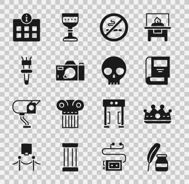 Set Feather and Inkwell, King Crown, History book, No Smoking, Photo camera, Torch fire, Information and Human skull ikonu. Vektör