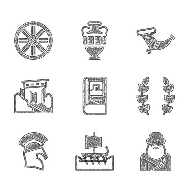 Yunan tarihi kitabı, trireme, Socrates, Laurel çelengi, miğfer, antik kalıntılar, avcılık boynuzu ve eski tahta tekerlek ikonu. Vektör