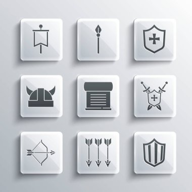 Çapraz oklar, Kalkan, Ortaçağ kalkanı kılıçlı, Kararname, parşömen, kaydırma, yay ve boynuzlu miğfer, bayrak ve ikon giymiş Viking. Vektör