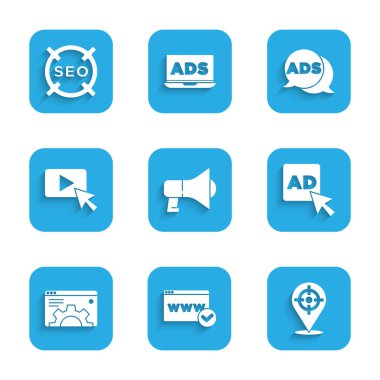 Megaphone, Web sitesi şablonu, Hedef spor, Reklam, Tarayıcı ayarı ve SEO optimizasyon simgesini ayarla. Vektör