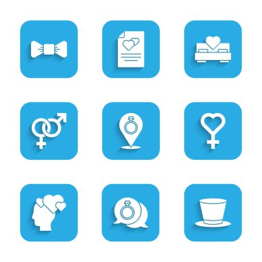 Set Alyansları, Elmas Nişanı, Silindir Şapka, Kadın Cinsiyeti Sembolü, Kalpli Baş, Cinsiyet, Yatak Odası ve Papyon Simgesi. Vektör