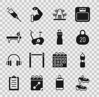 Spor ayakkabıları, bir şişe su, kettlebell, ağırlıklı metal raf, sabit bisiklet, Bench Barbel, Doping şırınga ve fitness karıştırıcı ikonu. Vektör