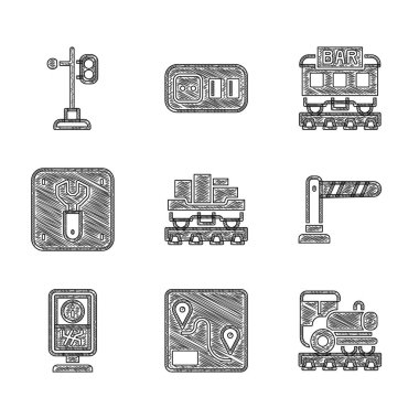 Kargo vagonu, güzergah konumu, vintage lokomotif, demiryolu bariyeri, danışma masası, demiryolu tamiri, restoran ve tren trafik ışığı ikonu. Vektör