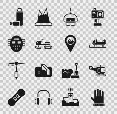 Noel eldiveni, kurtarma helikopteri, kızak, kar aracı, hokey maskesi, termos konteynırı ve dağ ikonlu konum ayarlayın. Vektör