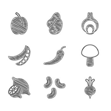 Acı biber kabuğu, fasulye, pancar, mantar, limon, yeşil bezelye, soğan ve erik suyu ikonu. Vektör