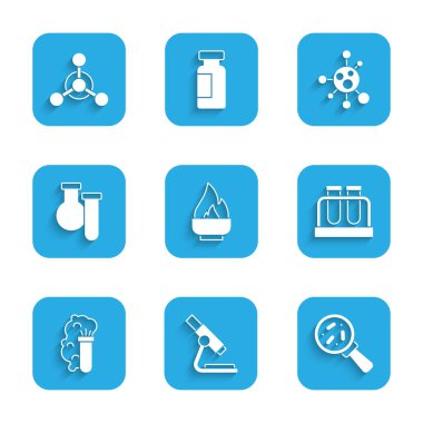 Alkol ya da ruh yakıcı, mikroskop, mikroorganizmaları büyüteç, test tüpü ve matara, kimyasal patlama, molekül ve simgeye ayarlayın. Vektör