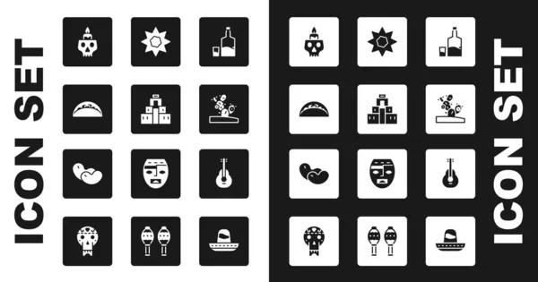 Set botella de tequila y vidrio, Chichén Itzá en maya, Taco con tortilla, Vela ardiente en el cráneo, Cactus, Sol, Guitarra mexicana y frijoles icono. Vector — Vector de stock