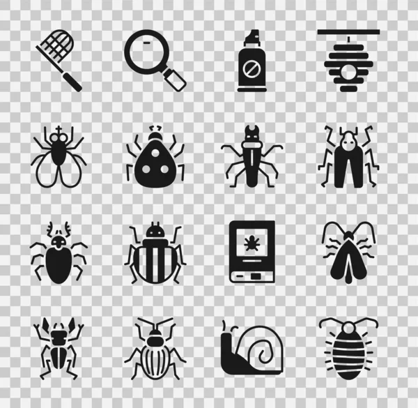 Set Larva insetto, Falena Abbigliamento, Scarabeo bug, Spray contro insetti, Coccinella, Insetto mosca, Butterfly net e icona Termite. Vettore — Vettoriale Stock