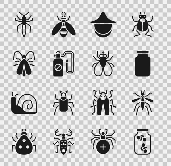 Set insetti lucciole in un vaso, zanzara, vetro, cappello da apicoltore, spruzzatore a pressione, falena vestiti, icona della mosca ragno e insetto. Vettore — Vettoriale Stock