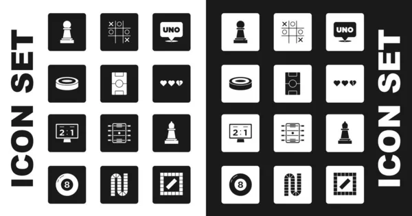 Set Uno Kartenspiel, Hockeytisch, Checkerchips, Schach, Herz für, Tic tac toe, und Sport mechanische Anzeigetafel Symbol. Vektor — Stockvektor