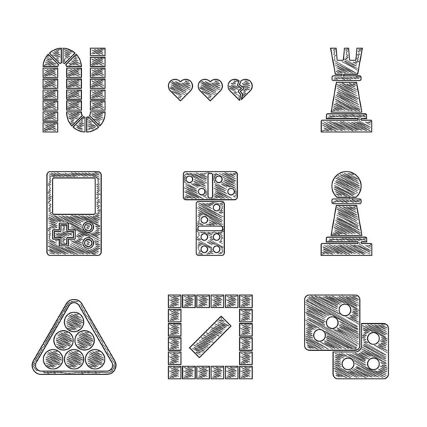 Set Domino, Juego de mesa, Juego de dados, Ajedrez, Bolas de billar triángulo, Tetris, y el icono. Vector — Archivo Imágenes Vectoriales