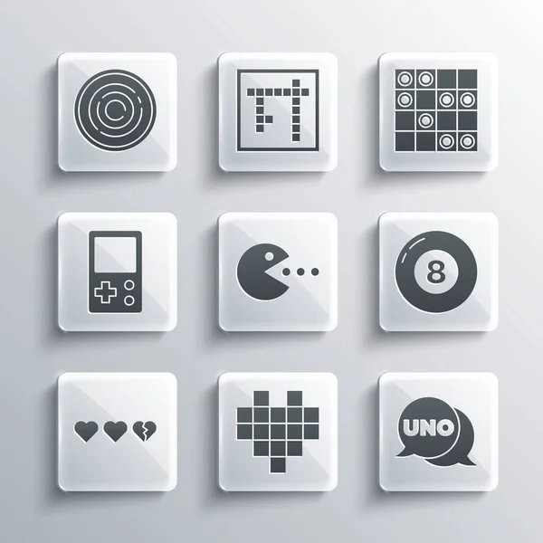Set Pixel srdce pro hru, Uno karty, Kulečník kulečník kulečník míč, Pacman s jídlem, Srdce, Tetris, Checker žetony a rady dámské ikony. Vektor — Stockový vektor