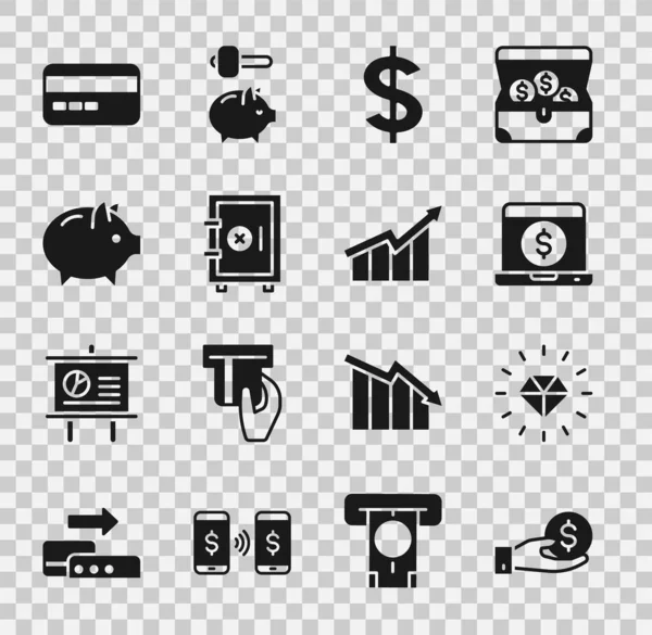 Set Hand giving money, Diamond, Laptop with dollar, Dollar symbol, Safe, Piggy bank, Credit card and Financial growth increase icon. Vector — Stock Vector