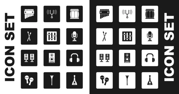 Set Drum, Soundmixer-Controller, Sticks, Panflöte, Mikrofon, Stimmgabel, Kopfhörer und Stereo-Lautsprecher-Symbol. Vektor — Stockvektor