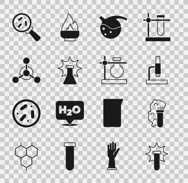 Set Explosión química, microscopio, tubo de ensayo y matraz, molécula, microorganismos bajo lupa e icono de soporte. Vector — Archivo Imágenes Vectoriales