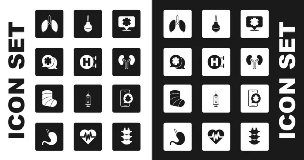 Definir símbolo médico da Emergência, Placa de sinalização do hospital, Diálogo com o médico, Pulmões, rins humanos, Enema, telefonema e ícone de gesso. Vetor —  Vetores de Stock