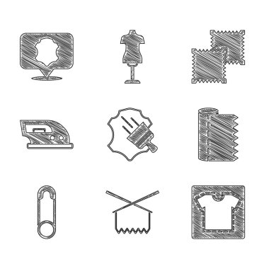 Deri, örgü iğneleri, dikiş desenleri, tekstil kumaş rulo, emniyet iğnesi, elektrikli ütü ve ikon. Vektör