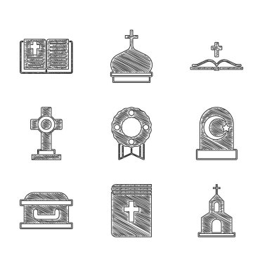 Anıt çelenk, kutsal kitap, kilise binası, Müslüman mezarlığı, haçlı tabut, mezar ve ikon. Vektör