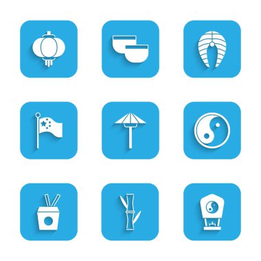 Güneşten Japon şemsiyesi, Bambu, Çin kağıt feneri, Yin Yang, erişte kutusu ve yemek çubukları, bayrak direğine Çin bayrağı, balık bifteği ve ikonu koyun. Vektör