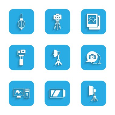 Softbox ışığı, kamera için pil, fotoğraf, rötuş, aksiyon, çerçeve ve toz üfleyici simgesi ayarla. Vektör