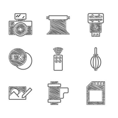 Kamera, kamera rulo kartuşu, SD kart, toz üfleyici, fotoğraf rötuşlama, fx, flash ve simgeyle birlikte uzaktan kumandayı ayarla. Vektör