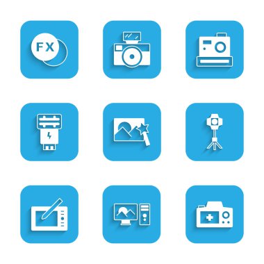 Fotoğraf rötuşlama, kamera, Softbox ışığı, grafik tableti, flaş ve fx simgesini ayarlayın. Vektör