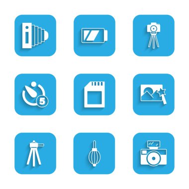 SD kart, toz üfleyici, flaşlı fotoğraf makinesi, rötuş, tripod, kamera zamanlayıcısı ve ikon ayarla. Vektör