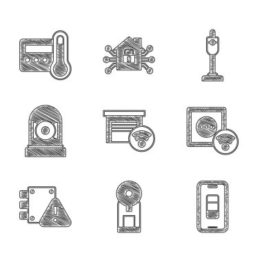 Smart garajı, kahve makinesi, akıllı telefon şarjı, elektrik prizi, koruma altındaki ev, alarm zili, elektrik süpürgesi ve termostat ikonu. Vektör