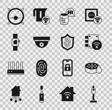 Elektrik süpürgesi, su sensörü, dijital kapı kilidi, ses asistanı, akıllı saati olan akıllı ev, robot süpürgesi ve parmak izi ikonu. Vektör