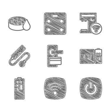 Dijital kapı kilidi, kablosuz internet ağı, Smart Home, Multimedia ve TV kutusu alıcısı, uzaktan kumanda, elektrik uzatma kablosu, kahve makinesi ve su sensörü simgesi ayarla. Vektör