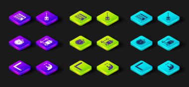 Köşe cetveli, yaklaşık ölçüler, Stopwatch, bavullu ölçek, lazer mesafe ölçer ve takvim simgesi ayarla. Vektör