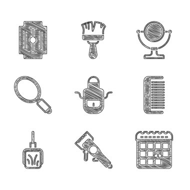 Berber önlüğü, elektrikli saç makası, saç kesim günü takvimi, saç fırçası, faraş, el aynası, yuvarlak makyaj ve jilet ikonu. Vektör