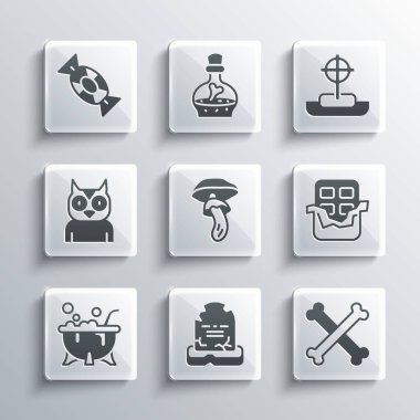 Tombstone 'u RIP yazılı, çapraz kemikli, çikolatalı, Psilocybin mantarlı, cadılar bayramı cadı kazanı, baykuş, şeker ve haç simgesi ile ayarla. Vektör