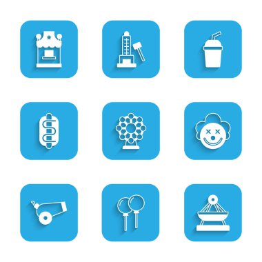 Dönme dolap, kurdeleli balonlar, salıncak, palyaço kafası, top, Hotdog sandviçi, karton cam su ve bilet gişesi ikonu. Vektör