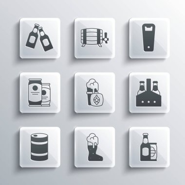 Acemi bira bardağı, bira şişesi ve kutu, bir paket şişe şişe, cam, metal fıçı ve şişe açacağı ikonu. Vektör