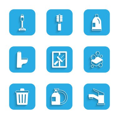 Camlar için lastik temizleyici, bulaşık suyu şişesi, musluk, sabun, çöp tenekesi, klozet, şişe temizleyicisi ve elektrik süpürgesi ikonu. Vektör