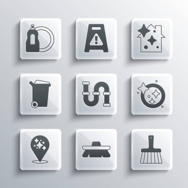 Temizlik için fırça, süpürge, bulaşık yıkama, endüstriyel metalik boru, ev servisi, çöp kutusu, bulaşık deterjanı ve ikon. Vektör