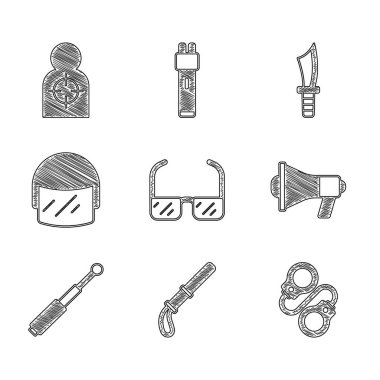 Güvenlik gözlüğü, polis lastik copu, kelepçe, megafon, teleskop, miğfer, askeri bıçak ve ikon fırlatmak için insan hedef sporu. Vektör