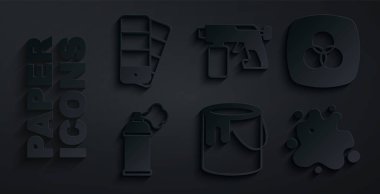 Boya kovası, RGB ve CMYK renk karıştırma, sprey kutu, silah ve renk palet ikonu ayarla. Vektör