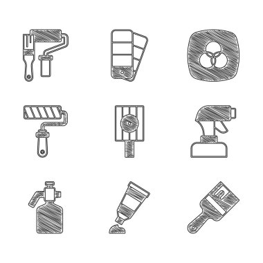 Sprey başlığı, boya paleti, boya fırçası, sprey tabancası, silindir, RGB ve CMYK renk karıştırma ve simgesini ayarlayın. Vektör