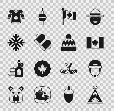 Kızılderili çadırı veya çadır, hokey kaskı, Kanada bayrağı, Noel eldiveni, kar tanesi, forma ve Beanie şapka ikonu. Vektör