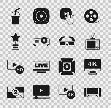 Smart Tv, Screen TV with 4k, Retro, Online play video, Movie, film, medya projektörü, kupa, Paper glass water ve 3D sinema gözlüğü ikonu. Vektör