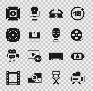 Retro sinema kamerası, sinema bileti, film makarası, 3D gözlükler, sandalye, müzik seti hoparlörü, spot ışıkları ve mikrofon ikonu. Vektör