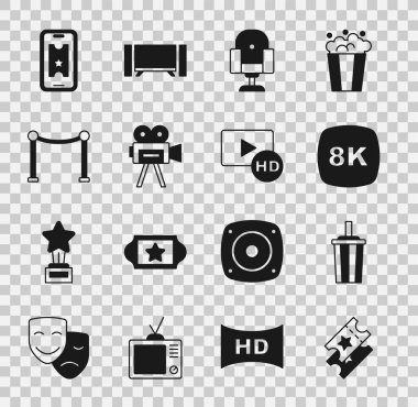 Sinema bileti, su kaplı kağıt bardak, 8k Ultra HD, yönetmen koltuğu, Retro sinema kamerası, ip engeli, online ve HD film, bant, çerçeve ikonu. Vektör