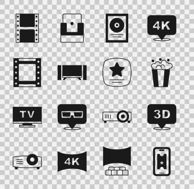 Set Buy sinema bileti, 3D kelime, patlamış mısır karton kutu, CD disk ödül çerçevesi, Akıllı TV, Play video ve Şöhret Yürüyüşü ikonu. Vektör