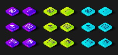 Yangın hortumu makarası, itfaiyeci kaskı tahliye planı, yangın ve gaz maskesi ikonu ile yanan kibrit ayarlayın. Vektör