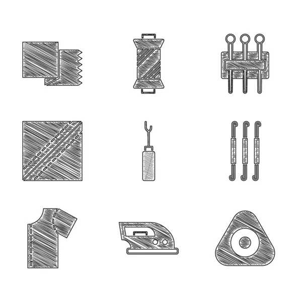 Ferramenta Set Awl, Ferro elétrico, Giz de costura, Gancho de crochê, padrão, Rolo de tecido têxtil, Agulha para costura e ícone. Vetor — Vetor de Stock