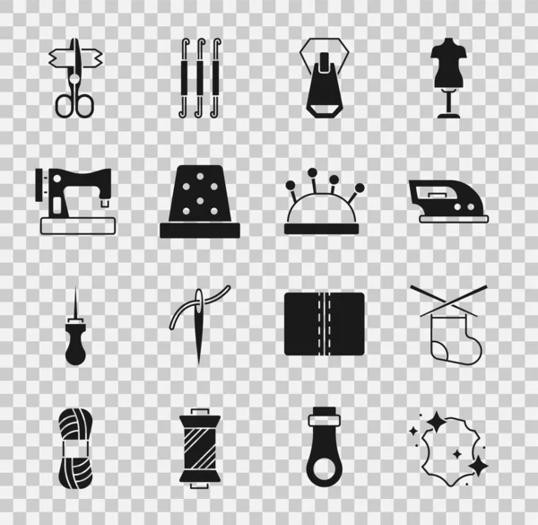 Set Leather, Knitting needles, Electric iron, Zipper, Thimble for sewing, Sewing machine, Scissors and Needle bed and icon. Vector — Stock Vector